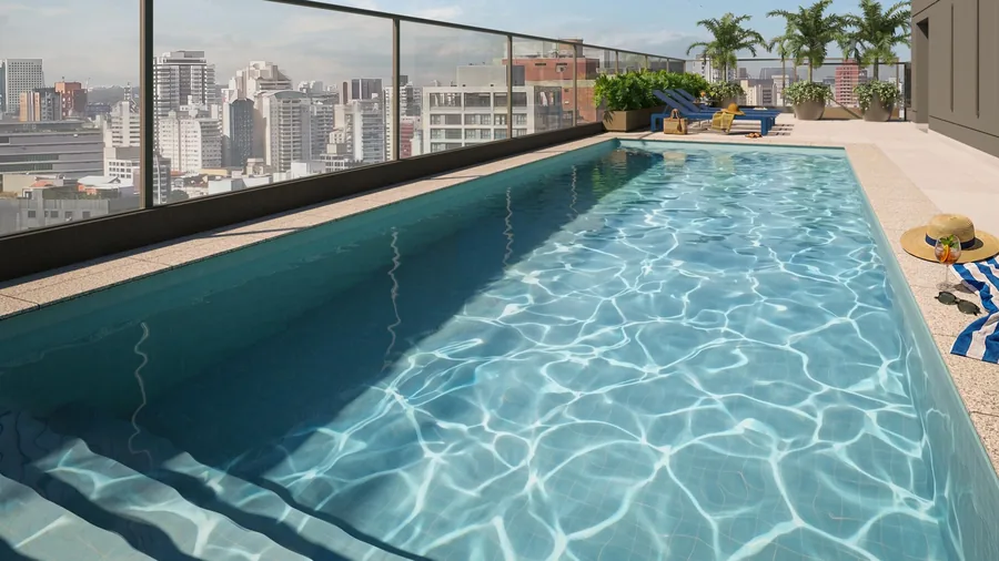 Piscina no rooftop com vista para o Itaim Bibi